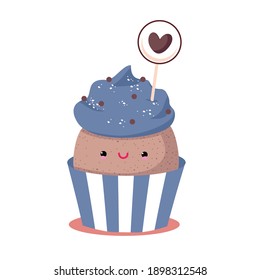 A lovesick cupcake with a heart. Vector, white background, isolated.