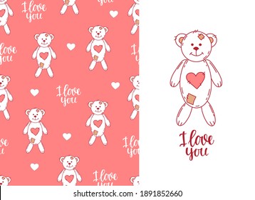 Lovesick toy bear pink seamless pattern. Cute background for valentine's day and wedding, print on fabric, web background, invitation, greeting card. Vector.