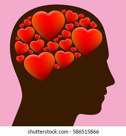 Lovestruck - head full with hearts instead of brain - illustration on rosy background.