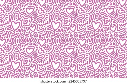 Love-theme abstract doodle pattern for fabric, cloth. Abstract pink doodle in white background.
