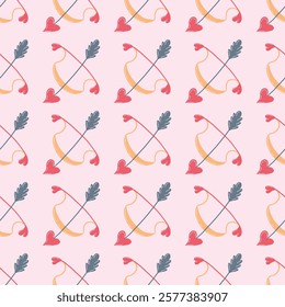 love-theme valentines day seamless pattern with cute bow and arrow on light pink background