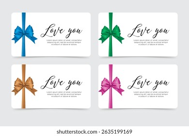  Love-themed cards with ribbon decorations in various colors for romantic and festive greetings.