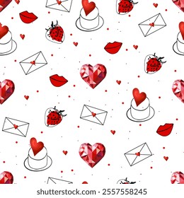 Love-Themed Pattern with Envelopes and Red Hearts. Decorative Valentine’s Day Seamless Background