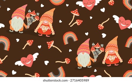 Patrón sin fisuras con temática de amor con gnomos de pareja divertidos, setas agáricas de mosca, corazones y arco iris. Personajes masculinos y femeninos de dibujos animados en colores rosa, rojo y amarillo sobre fondo marrón. Diseño de Vector.