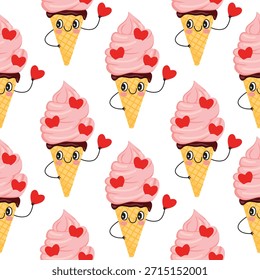 Modelo inconsútil del amor-themed con el helado groovy adornado con los corazones. Carácter lindo con la cara y las manos. Color rosa, rojo, marrón y amarillo sobre fondo blanco. Vector impreso en tela y papel.
