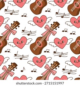 Padrão sem emenda com tema de amor com quitara decorado com um arco, alado corações de desenhos animados e sinais musicais. Dia dos Namorados vetor impressão em tecido e papel. Cor rosa, marrom e preto em um branco.