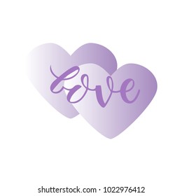 LOVE-typography poster. Wedding text for card, postcard,event icon,logo, badge. Violet lettering jn a light violet hearts. Vector illustration.