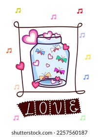 Love.Vector illustration .Valentine’s day greeting card templates with jar and hearts cute Chamomiles,different color butterfly ,on background white color.