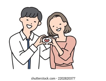 Lovey-dovey couple making a heart symbol with their hands Illustration of a person with simple lines