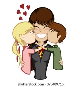 Lovin' mommy collection - A brunette superhero mother and her brunette son and blonde girl (children kiss mother).