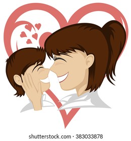 Lovin' mommy collection - A little brunette boy and brunette mother's faces (mother caresses with a big heart ornament in background).