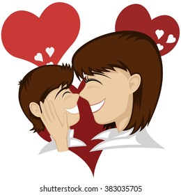 Lovin' mommy collection - A little brunette boy and brunette mother's faces (mother caresses with hearts in background).