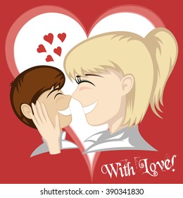 
Lovin' mommy collection - A little brunette boy and blonde mother's faces (mother caresses with background and text).