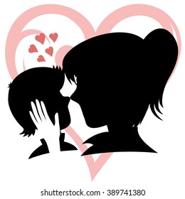 Lovin' mommy collection - Silhouette of a caring mother caresses her son's head (with heart background).