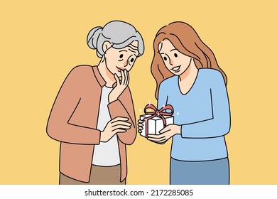 Loving adult daughter give present to elderly mother anniversary  Caring young woman congratulate mature grandmother and birthday  Vector illustration  