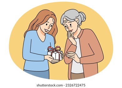 Loving adult daughter give present to elderly mother on anniversary. Caring young woman congratulate mature grandmother with birthday. Vector illustration.