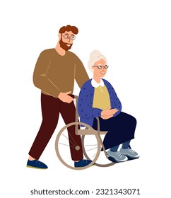 Loving Adult Son riding his old disabled granny in the wheelchair holding , supporting her.Family support concept illustration.Son caring for his senior mother receiving help.Flat vector Illustration