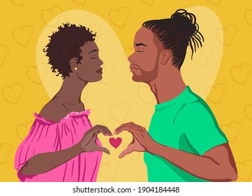 Loving African American man and woman kiss and fold their hands in the shape of a heart. Flat design vector illustration.