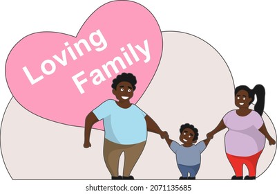 Loving African family, African family, mom, dad and son. The illustration is made in a cartoon style with a stroke. Vector.