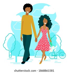 Loving afro couple walking together, dating in park. Girl with flowers bouquet and boy holding hands. Love, wedding, valentines day, family, friendship, teen feeling. Hand drawn flat vector