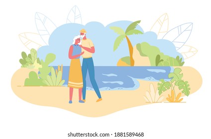 Loving Aged Couple Embracing Standing on Sandy Beach with Seascape Background and Palm Trees around. Retired Pensioners Traveling to Seaside Together Summertime Relax Cartoon Flat Vector Illustration