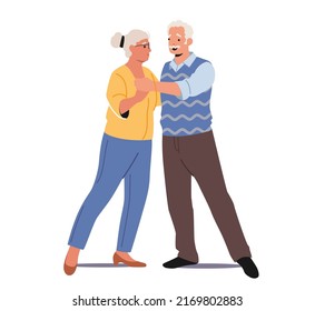 Loving Aged Couple Romantic Relations. Happy Elderly Male and Female Characters Dance. Senior Man and Woman Embrace Each Other, Love Feelings, Romance Emotions. Cartoon People Vector Illustration