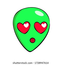 Loving alien, face of a cosmic creature, eyes-hearts, emotion, intergalactic traveler. Colorful sticker, character for cartoons, design for covers, books. Vector illustration on white, isolated.