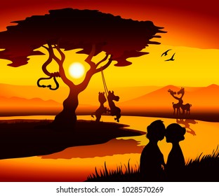 Loving animals on a sunset background in africa. Vector illustration