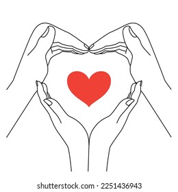 Loving arms forming heart with space inside. Love inside loving hands. Valentine's day. Vector outline illustration.