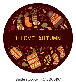 Loving autumn flat vector greeting card template.  Handmade knitwear, socks, hats hand drawn illustrations. Decorative autumn leaves, flowers, berries. Fall season postcard, banner design layout