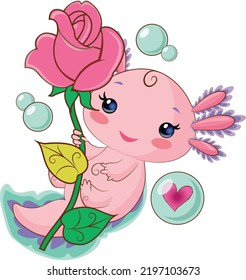 loving axolotl with rose vector