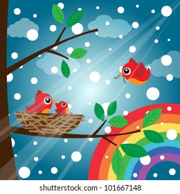 Loving bird feeding in the morning with rainbow