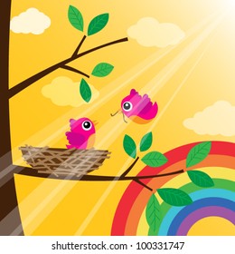 Loving bird feeding with rainbow