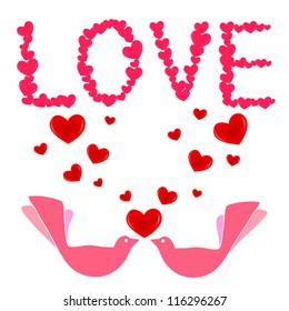Loving Birds with hearts. Valentine card. Vector illustration