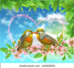 loving birds kissing on a branch