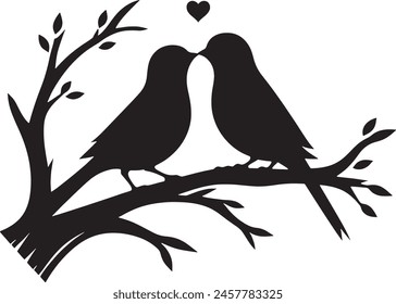 Loving birds on the branch of a tree clipart silhouette in black colour. Dove Vector illustration template for tattoo or laser cutting