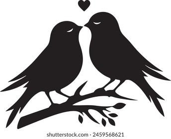 Loving birds on the branch of a tree clipart silhouette in black colour. Dove Vector illustration template for tattoo or laser cutting