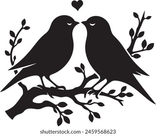 Loving birds on the branch of a tree clipart silhouette in black colour. Dove Vector illustration template for tattoo or laser cutting