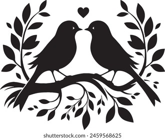 Loving birds on the branch of a tree clipart silhouette in black colour. Dove Vector illustration template for tattoo or laser cutting