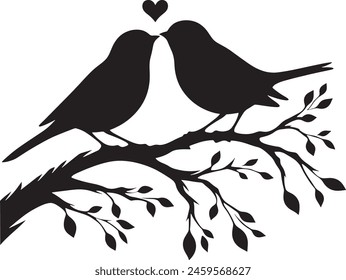 Loving birds on the branch of a tree clipart silhouette in black colour. Dove Vector illustration template for tattoo or laser cutting