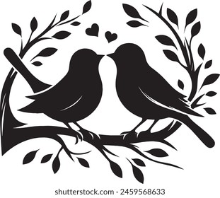 Loving birds on the branch of a tree clipart silhouette in black colour. Dove Vector illustration template for tattoo or laser cutting