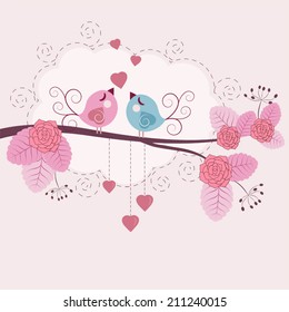 Loving birds on a tree - romantic vector background (four seasons) 