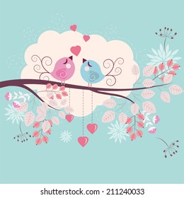 Loving birds on a tree - romantic vector background (four seasons) 