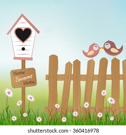 loving birds sitting on wooden fence with birds house and plate Home Sweet Home