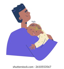 Loving black father holding his baby girl in arms. Cute family moment showing care, tenderness, and emotional bonding. Bright flat vector style for Father’s Day themes