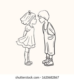 Loving boy and girl. Kissing lovers. loving. Vector linear illustration. Drawing people.