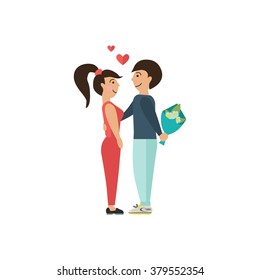 Loving boy gives her girl flowers