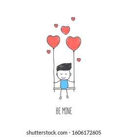 Loving boy on a swing in the form of hearts. The inscription be mine. Vector hand-drawn illustration in doodle style. Use for Valentine's Day greeting card, cover or flyer.