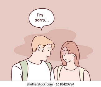 Loving boyfriend apologize before offended upset girlfriend. Hand drawn style vector design illustrations.