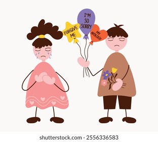 Loving boyfriend apologize before offended upset girlfriend. Young man with bouquet of flowers and balloons with Apologies. Vector illustration of Man asking for forgiveness from young woman